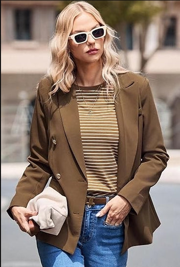 Womens Double Breasted Blazer Jackets Casual Open Front Long Sleeve Lapel Collar Work Office Blazer Jackets