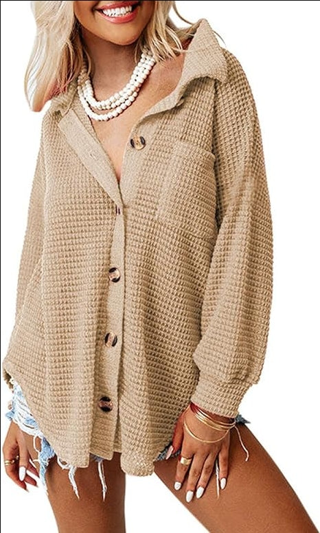 Womens Waffle Knit Shacket Jacket Casual Long Sleeve Button Down Blouse Tops Dressy Fashion Shirts