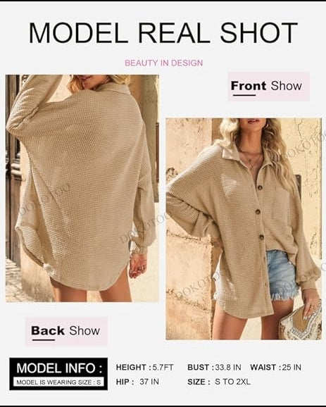 Womens Waffle Knit Shacket Jacket Casual Long Sleeve Button Down Blouse Tops Dressy Fashion Shirts
