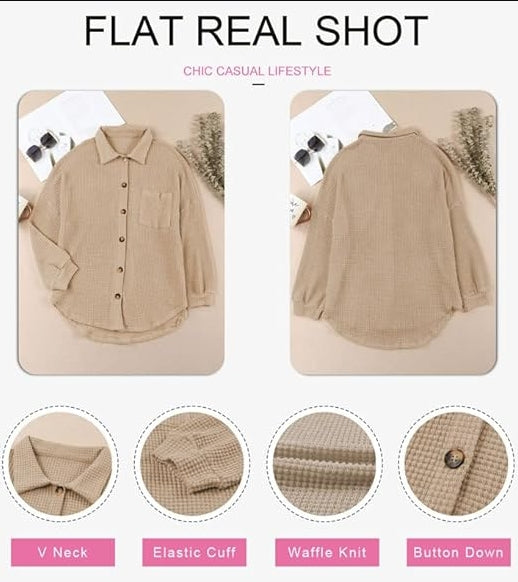Womens Waffle Knit Shacket Jacket Casual Long Sleeve Button Down Blouse Tops Dressy Fashion Shirts