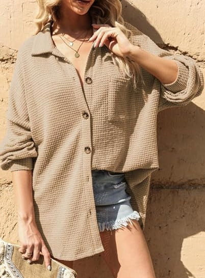 Womens Waffle Knit Shacket Jacket Casual Long Sleeve Button Down Blouse Tops Dressy Fashion Shirts
