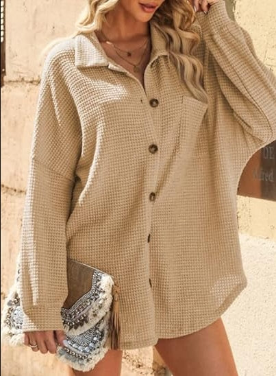 Womens Waffle Knit Shacket Jacket Casual Long Sleeve Button Down Blouse Tops Dressy Fashion Shirts