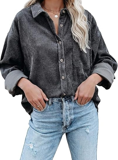 Womens Corduroy Button Down Shirts Boyfriend Long Sleeve Oversized Blouses Tops