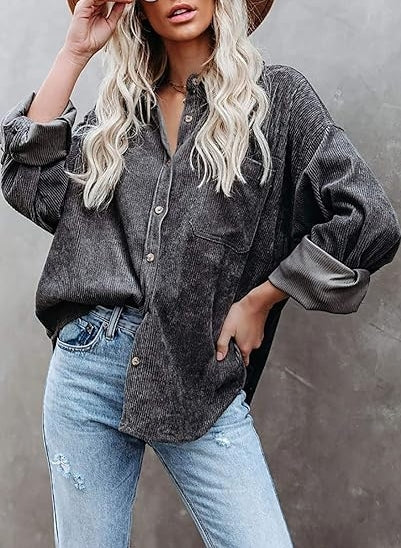 Womens Corduroy Button Down Shirts Boyfriend Long Sleeve Oversized Blouses Tops