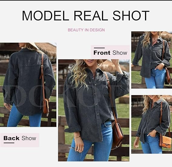 Womens Corduroy Button Down Shirts Boyfriend Long Sleeve Oversized Blouses Tops