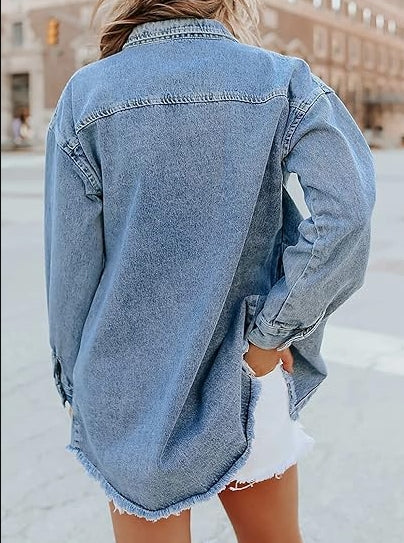 Women's Oversized Denim Jacket Casual Long Sleeve Distressed Jean Shirt Jacket Fall Outfits 2025