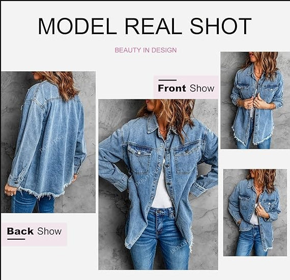 Women's Oversized Denim Jacket Casual Long Sleeve Distressed Jean Shirt Jacket Fall Outfits 2025