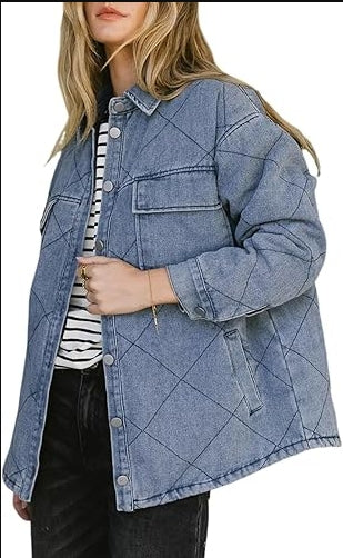 Denim Jacket for Women Fashion Solid Oversized Long Sleeve Button Down Shacket Jacket Coat with Pockets
