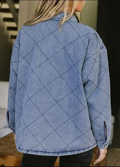 Denim Jacket for Women Fashion Solid Oversized Long Sleeve Button Down Shacket Jacket Coat with Pockets