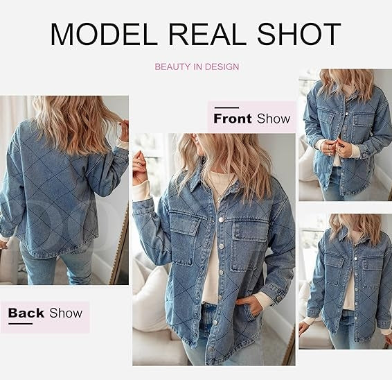 Denim Jacket for Women Fashion Solid Oversized Long Sleeve Button Down Shacket Jacket Coat with Pockets