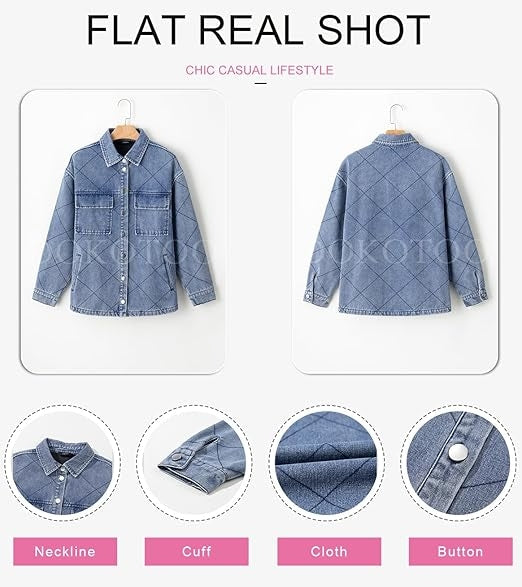 Denim Jacket for Women Fashion Solid Oversized Long Sleeve Button Down Shacket Jacket Coat with Pockets