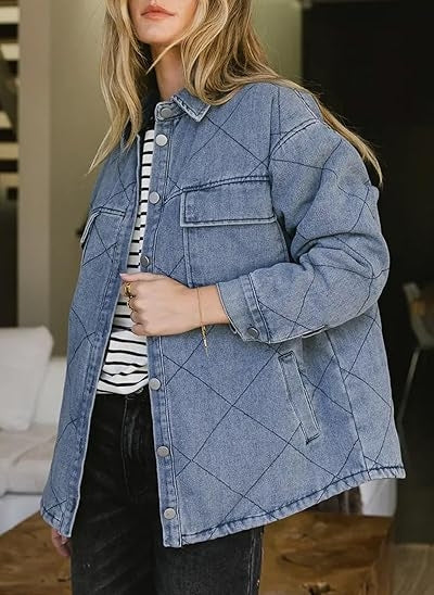 Denim Jacket for Women Fashion Solid Oversized Long Sleeve Button Down Shacket Jacket Coat with Pockets