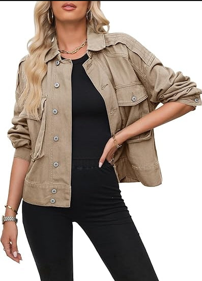 Women's Cropped Cargo Jean Jacket Button Down Casual Spring Fashion Coat with Pockets