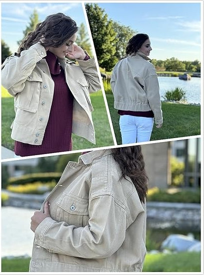 Women's Cropped Cargo Jean Jacket Button Down Casual Spring Fashion Coat with Pockets